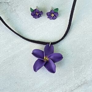 Handcrafted Purple Plumeria Flower Necklace - Floral Pendant Choker